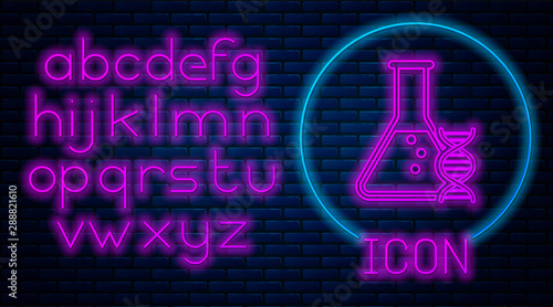 Glowing neon DNA research, search icon isolated on brick wall background. Genetic engineering, genetics testing, cloning, paternity testing. Neon light alphabet. Vector Illustration