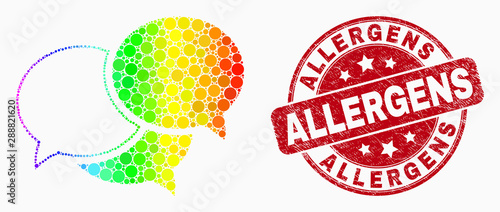 Pixelated rainbow gradiented webinar messages mosaic pictogram and Allergens stamp. Red vector round textured watermark with Allergens title. Vector collage in flat style.