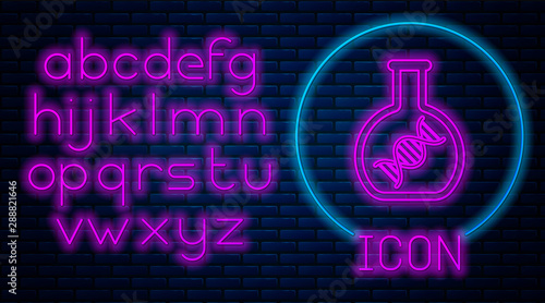Glowing neon DNA research, search icon isolated on brick wall background. Genetic engineering, genetics testing, cloning, paternity testing. Neon light alphabet. Vector Illustration