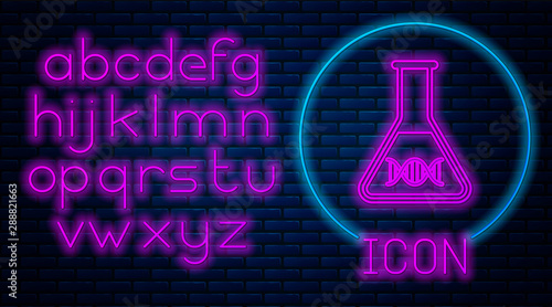 Glowing neon DNA research, search icon isolated on brick wall background. Genetic engineering, genetics testing, cloning, paternity testing. Neon light alphabet. Vector Illustration
