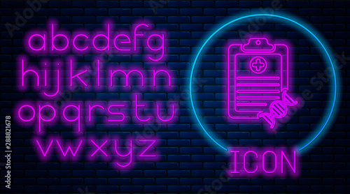 Glowing neon Clipboard with DNA analysis icon isolated on brick wall background. Genetic engineering, genetics testing, cloning, paternity testing. Neon light alphabet. Vector Illustration