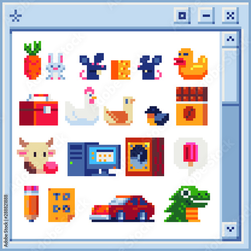 Different pixel art illustration for video games. Design for logo, poster, sticker and app. Isolated vector. carrot and hare, mouse and cheese, duck, box, chicken and bird, chocolate, cow, computer.