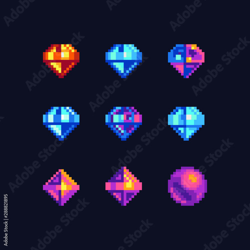 Precious stone pixel art icons set. Diamond, sapphire and topaz gemstone. Isolated vector illustration. Game assets 8-bit sprite. Design stickers, logo for jewelry store, web and mobile app.