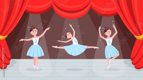 Open red curtains theater or ballet dance scene with price, curtains, scenery and 3 young beautiful ballerina dressed in tutu and pointe shoes standing at the pose flat style vector illustration.