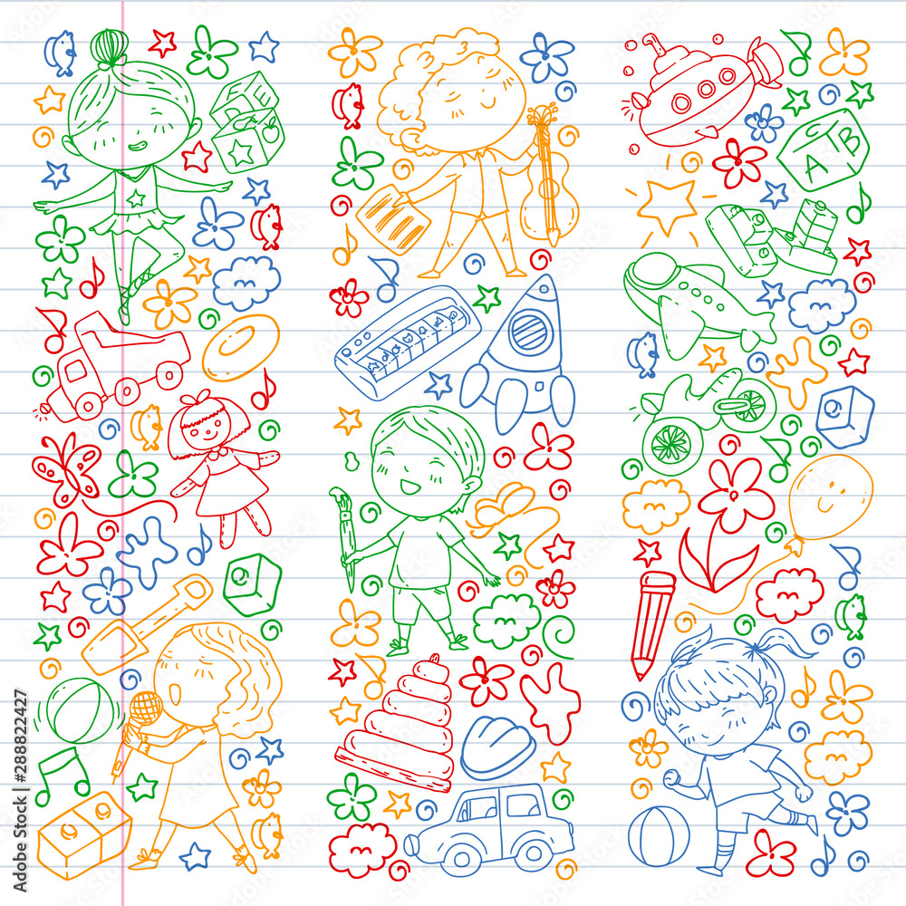 Painted by hand style pattern on the theme of childhood. Vector illustration for children design. Colorful drawing by pen on exercise notebook Painted by hand style pattern on the theme of childhood. Vector illustration for children design. Colorful drawing by pen on exercise notebook