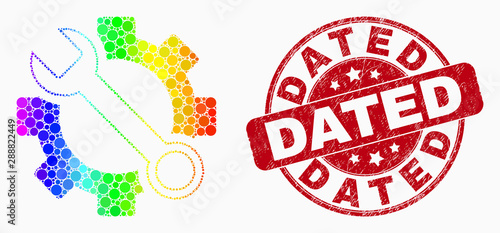 Pixelated bright spectral wrench tools mosaic pictogram and Dated watermark. Red vector rounded scratched stamp with Dated title. Vector combination in flat style.