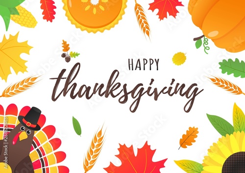 Happy thanksgiving day flat style design poster vector illustration with turkey, text, autumn leaves, sunflower, corn and pumpkin. Turkey with hat and colored feathers celebrate holidays!
