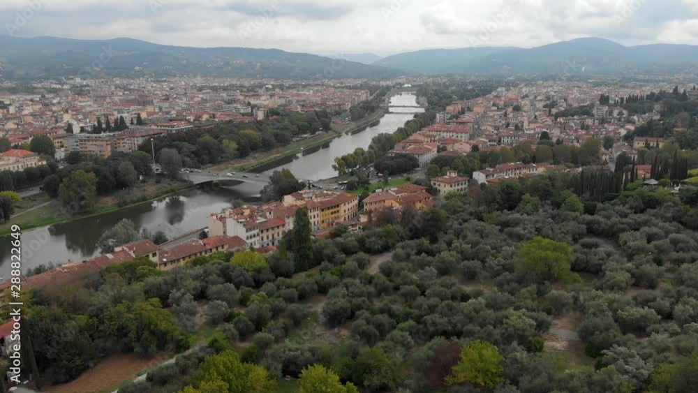 In Florence Italy, the drone shows off the Arno River. In Florence Italy, the drone shows off the Arno River.