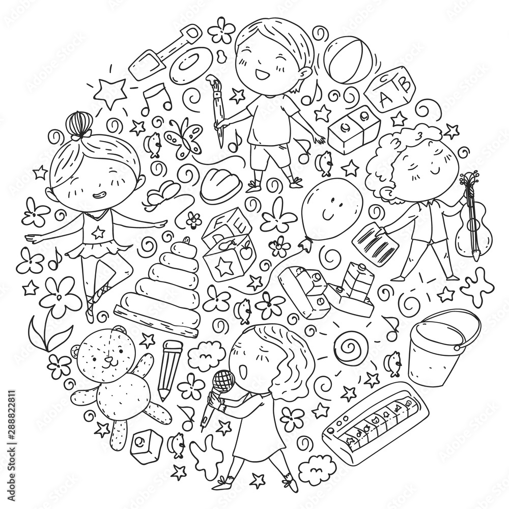 Painted by hand style pattern on the theme of childhood. Vector illustration for children design.Drawing by black pen on notebook. Painted by hand style pattern on the theme of childhood. Vector illustration for children design.Drawing by black pen on notebook.