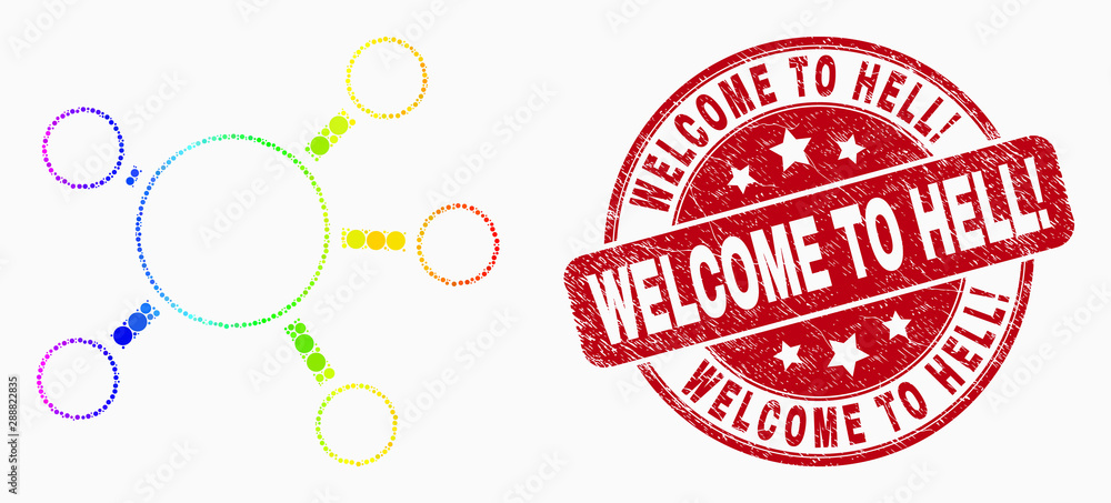 Dotted spectral node links mosaic pictogram and Welcome to Hell! stamp. Red vector round grunge seal with Welcome to Hell! message. Vector composition in flat style. Dotted spectral node links mosaic pictogram and Welcome to Hell! stamp. Red vector round grunge seal with Welcome to Hell! message. Vector composition in flat style.