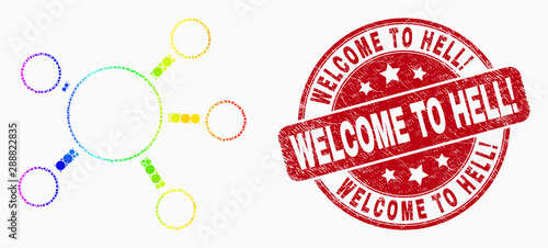 Dotted spectral node links mosaic pictogram and Welcome to Hell! stamp. Red vector round grunge seal with Welcome to Hell! message. Vector composition in flat style.