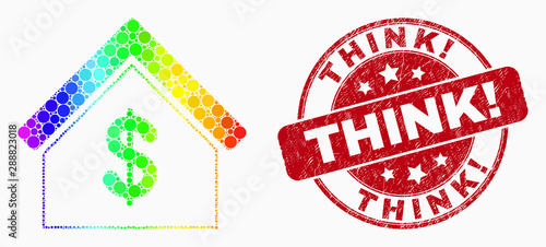 Dot bright spectral rent house mosaic icon and Think! seal. Red vector rounded distress watermark with Think! caption. Vector composition in flat style.