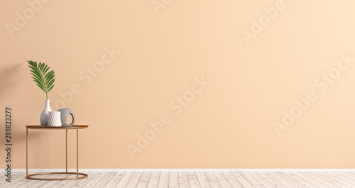 Fototapeta Naklejka Na Ścianę i Meble -  Interior background with copper coffee table over coral wall 3d render