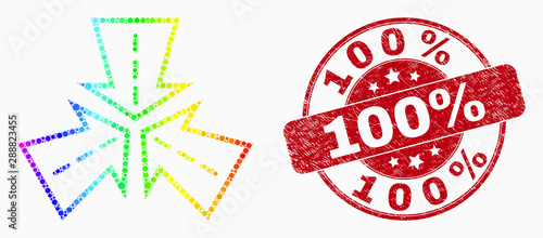 Pixel spectral triple roads intersection mosaic icon and 100% seal stamp. Red vector round distress seal stamp with 100% text. Vector collage in flat style.