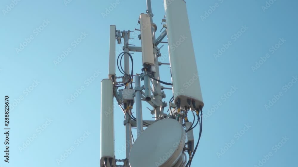 Close-up of a cell tower antenna for 3G, 4G or 5G wireless mobile networks and telecommunications Internet connection. Cellular technology.