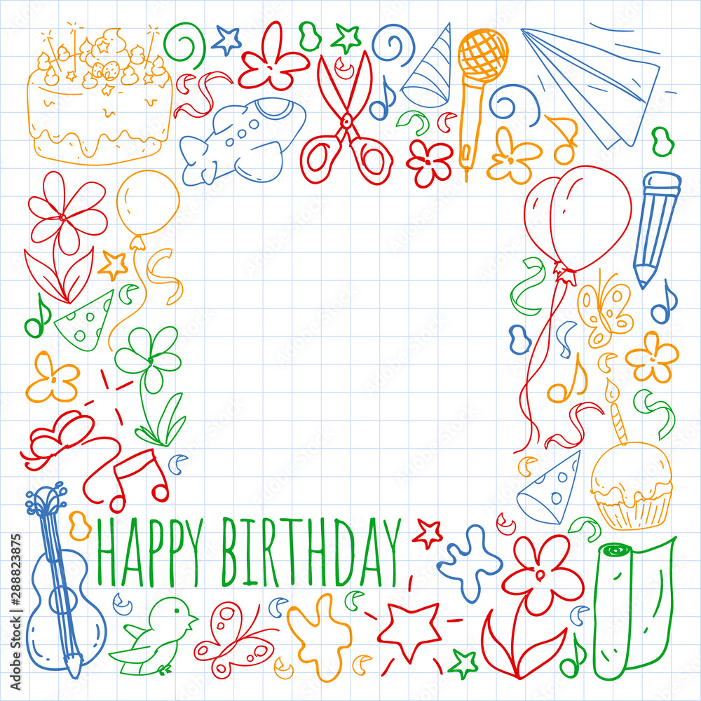 Vector set of cute creative illustration templates with birthday theme design. Hand Drawn for holiday, party invitations.Drawing on exercise notebook in colorful style. Vector set of cute creative illustration templates with birthday theme design. Hand Drawn for holiday, party invitations.Drawing on exercise notebook in colorful style.