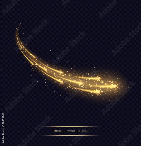Magic golden stars light effect isolated on transparent background. Luminescent meteors with bright bokeh and sparkles. Vector illustration.