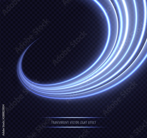Blue neon twirl light effect isolated on transparent background. Dynamic slow shutter speed effect. Abstract luminescent lines vector illustration.