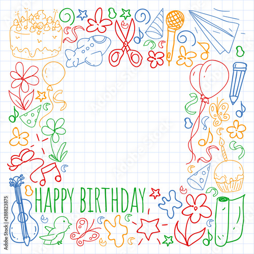 Vector set of cute creative illustration templates with birthday theme design. Hand Drawn for holiday, party invitations.Drawing on exercise notebook in colorful style.
