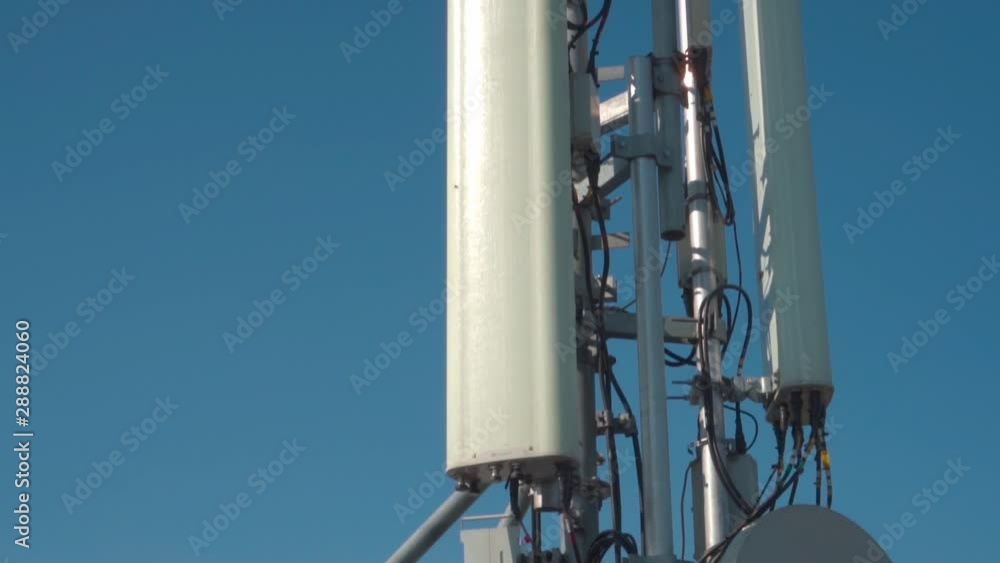 Close-up of a cell tower antenna for 3G, 4G or 5G wireless mobile networks and telecommunications Internet connection. Cellular technology. Close-up of a cell tower antenna for 3G, 4G or 5G wireless mobile networks and telecommunications Internet connection. Cellular technology.