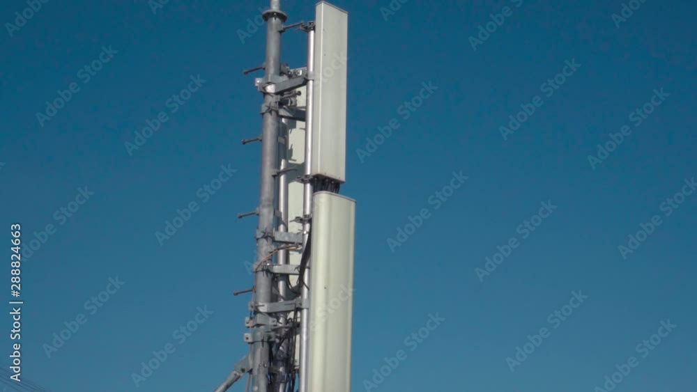 Close-up of a cell tower antenna for 3G, 4G or 5G wireless mobile networks and telecommunications Internet connection. Cellular technology. Close-up of a cell tower antenna for 3G, 4G or 5G wireless mobile networks and telecommunications Internet connection. Cellular technology.