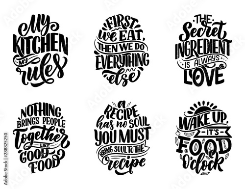 Set with vector quotes in hand drawn unique typography style, elements for greeting cards, decoration, prints and posters. Handwritten lettering about food and cooking.