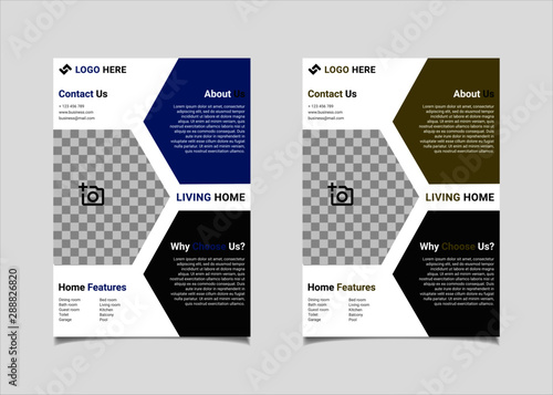Business flyer template vector design, A4 brochure template blue and lime colours hexagon geometry shapes used for business poster layout, IT Company flyer,  corporate banners, and leaflets