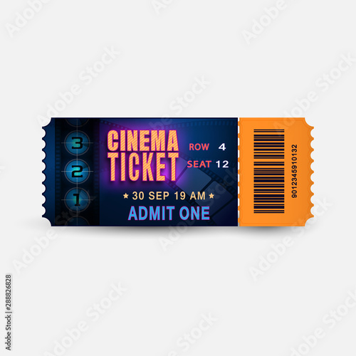 Cinema ticket with film reel and number countdown. Ultraviolet glowing ticket for festival, cinema, theatre, event. Realistic template admission pass or coupon. Bright entertainment vector illustratio
