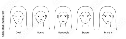 Set of vector face shapes. Oval, triangle, round, square, rectangle. Different types of women faces. 