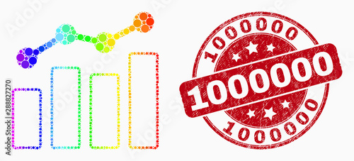 Dot spectrum trend charts mosaic icon and 1000000 seal stamp. Red vector rounded textured seal stamp with 1000000 title. Vector combination in flat style.