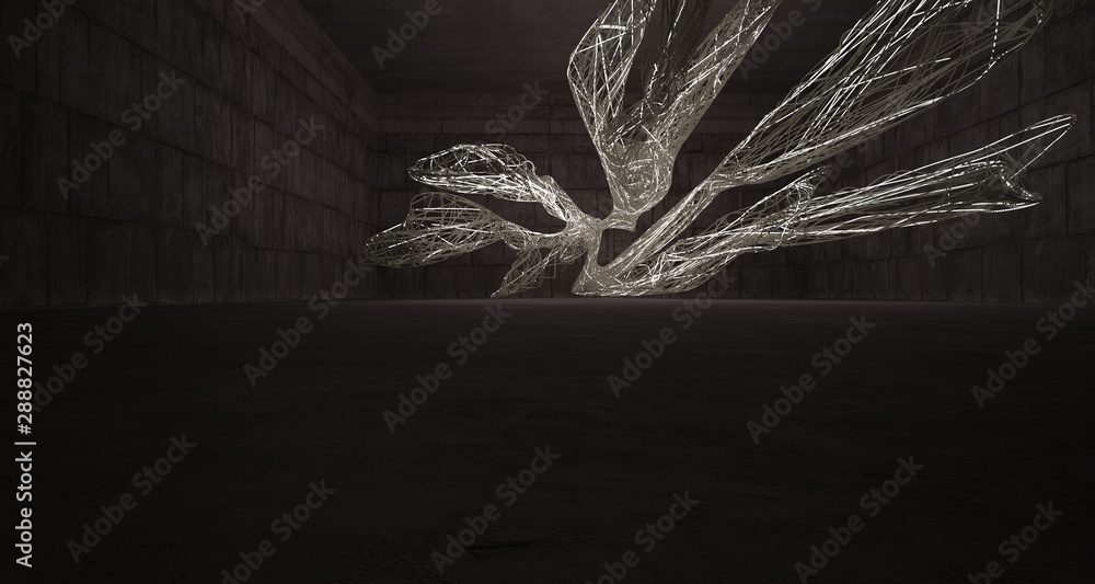 Empty dark abstract brown concrete room smooth interior with beige wires. Architectural background. Night view of the illuminated. 3D illustration and rendering
