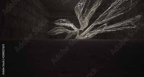 Empty dark abstract brown concrete room smooth interior with beige wires. Architectural background. Night view of the illuminated. 3D illustration and rendering
