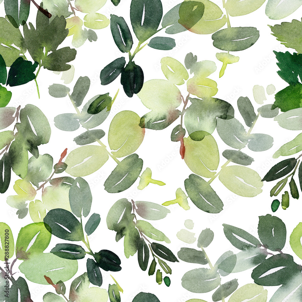 Seamless watercolor pattern with branches on a white background.
