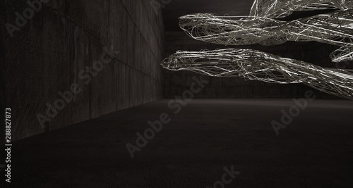 Empty dark abstract brown concrete room smooth interior with beige wires. Architectural background. Night view of the illuminated. 3D illustration and rendering