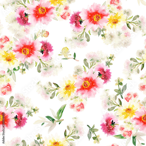 Seamless summer pattern with watercolor flowers handmade.