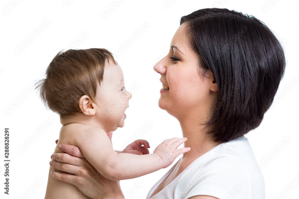 Happy mother holding adorable baby isolated on white background Happy mother holding adorable baby isolated on white background