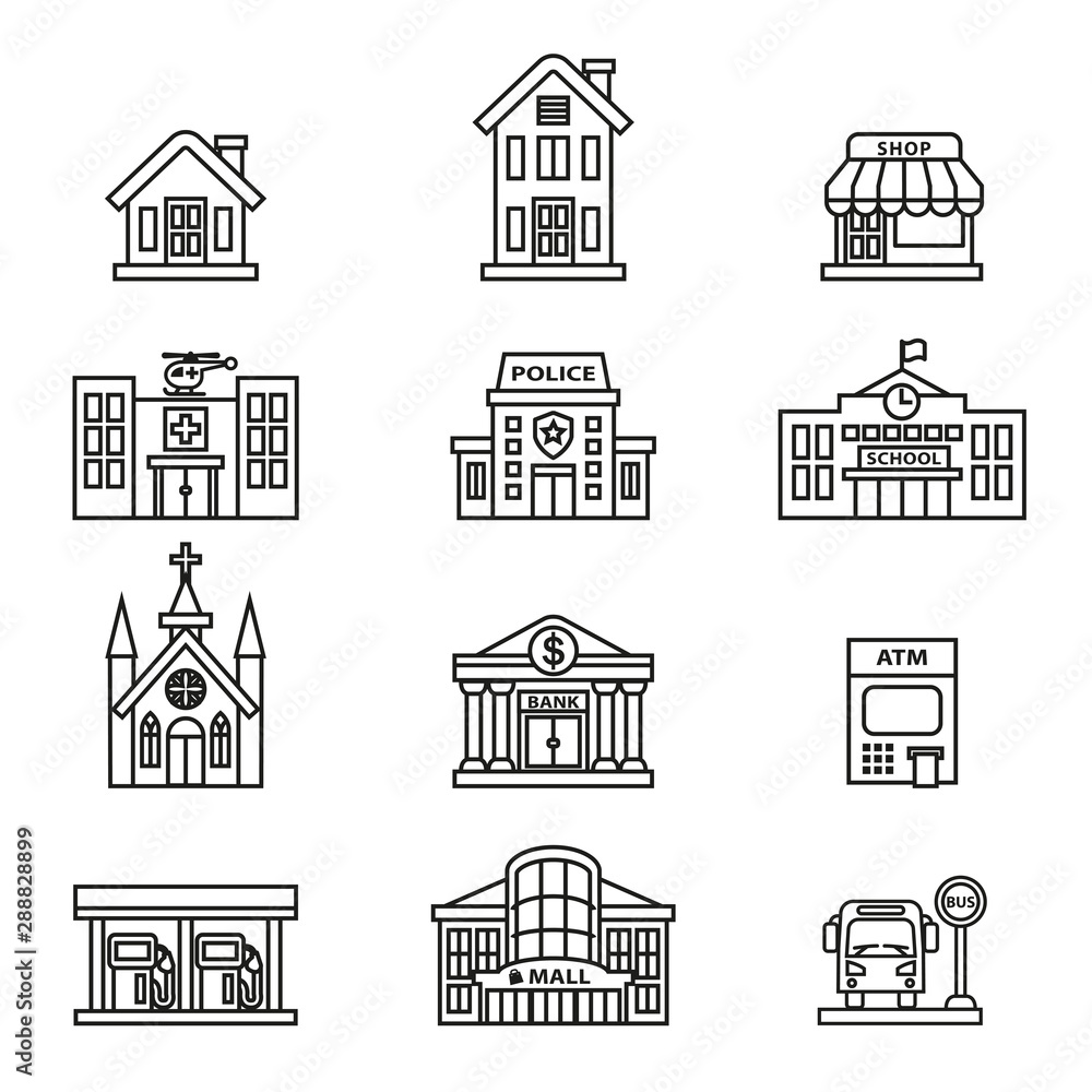 buildings icon set with white background. Thin line style stock vector.