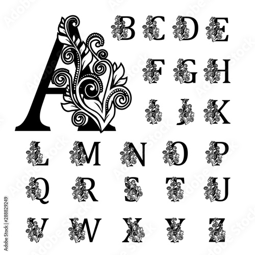 Elegant alphabet with florals elements. Initials letters with botanical emblem. Royal floral letter design. Monogram arrangement. Hand drawn flowers for composition for logo, card, invitation, wedding