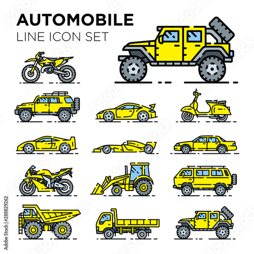Motor vehicle line icon set. Automotive vector collection. Automobile transport symbols. Auto car transportation illustrations