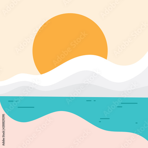 Simple beach landscape with sun for element design in flat style