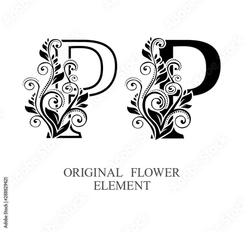  Elegant initial letters P in two color variations with botanical element. Vector letters logo design template set. Alphabet label sign for company branding and identity.Unique concept type as logotyp
