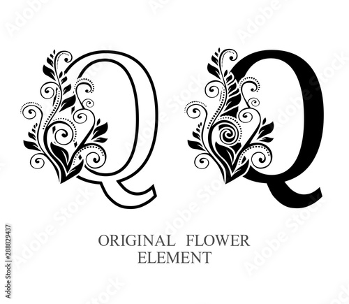  Elegant initial letters Q in two color variations with botanical element. Vector letters logo design template set. Alphabet label sign for company branding and identity.Unique concept type as logotyp