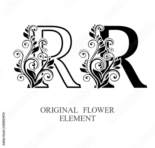  Elegant initial letters R in two color variations with botanical element. Vector letters logo design template set. Alphabet label sign for company branding and identity.Unique concept type as logotyp photo