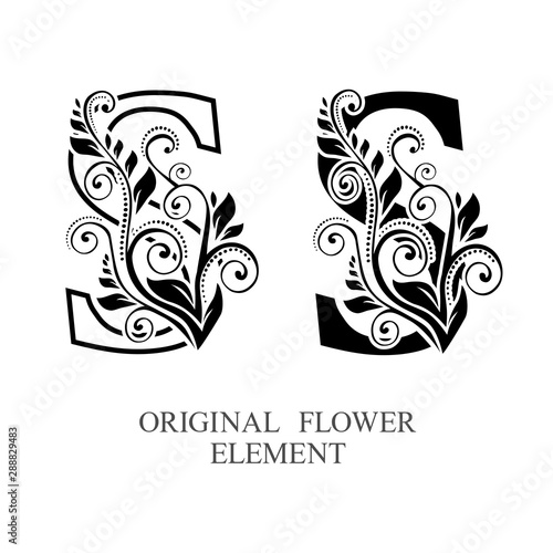  Elegant initial letters S in two color variations with botanical element. Vector letters logo design template set. Alphabet label sign for company branding and identity.Unique concept type as logotyp