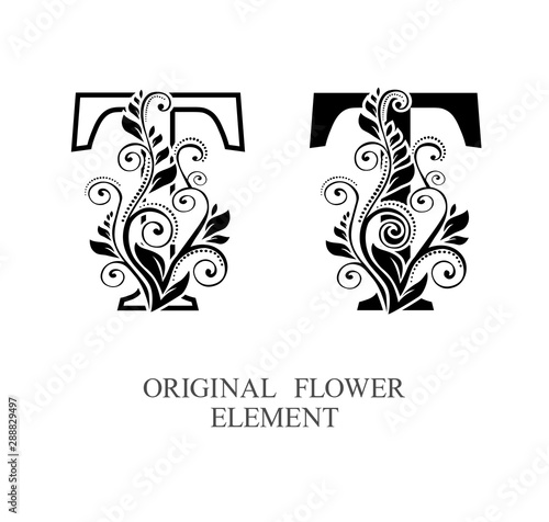  Elegant initial letters T in two color variations with botanical element. Vector letters logo design template set. Alphabet label sign for company branding and identity.Unique concept type as logotyp