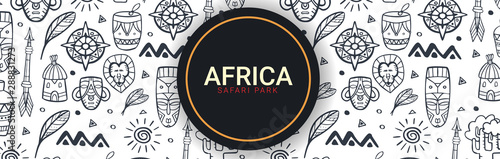 Africa banner. Safari Park. Colorful illustration with hand draw doodle Background.
