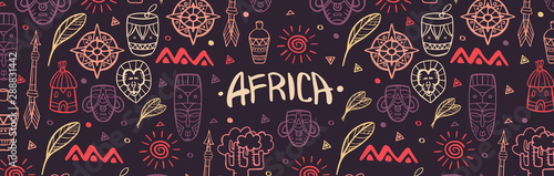 Hand draw doodles of Africa word. Colorful illustration. Background with lots of objects.