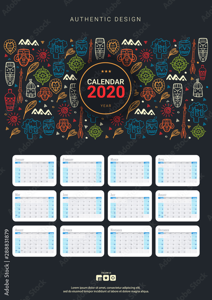 Calendar template for 2020 year with African motive. Doodle elements.