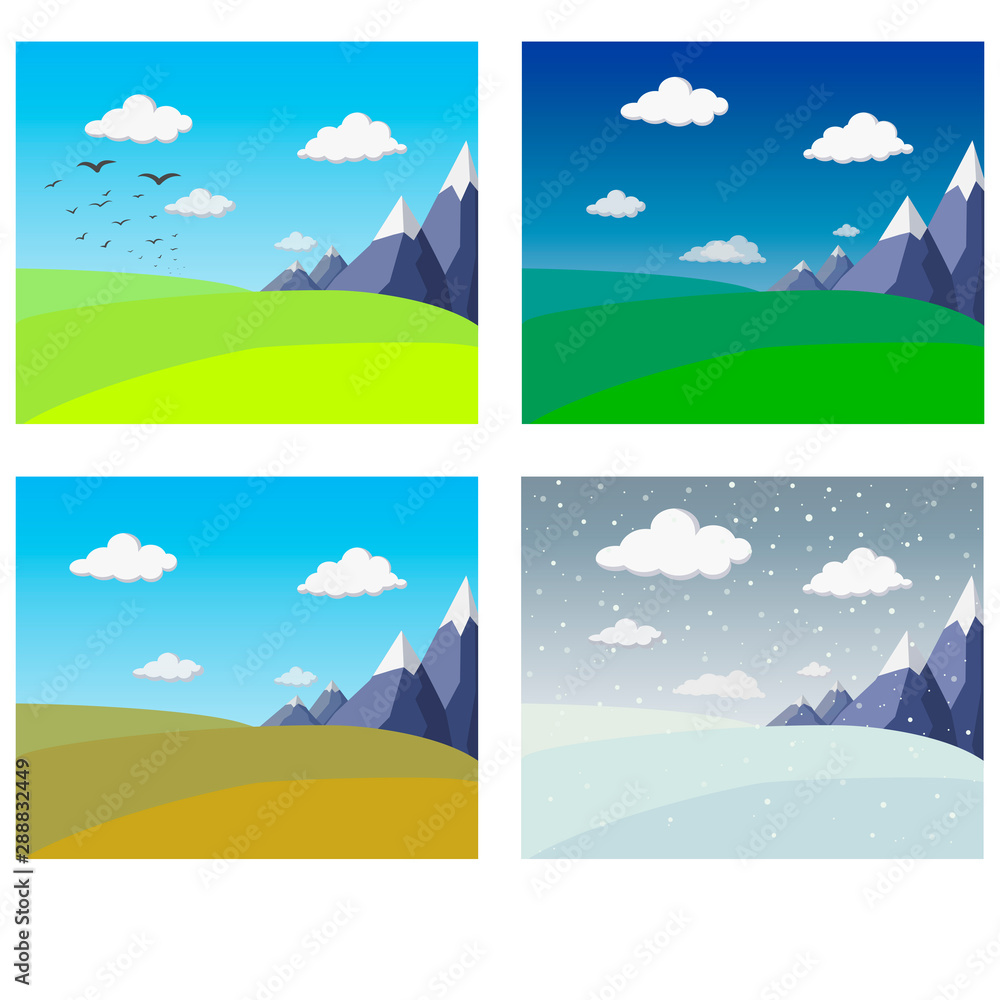 Four seasons landscape collection. Banners with mountains and hills in winter spring summer autumn. vector Illustration of four seasons banner. Idyllic outdoor rural landscapes. four seasons calendar.