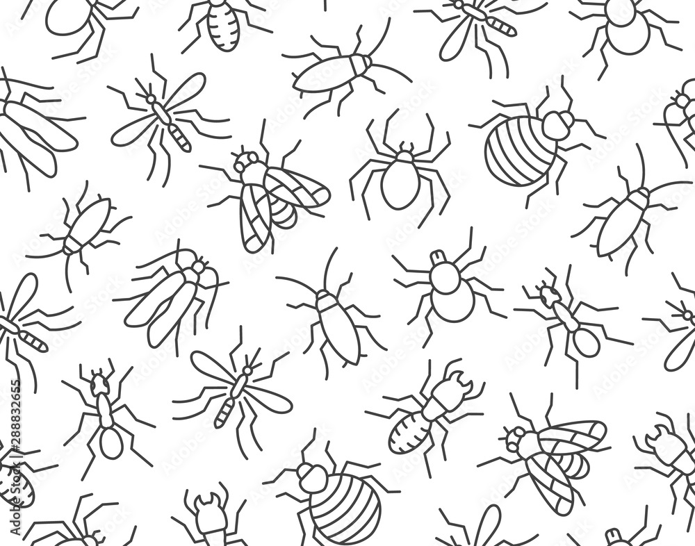 © nadiinko - Pest control seamless pattern with flat line icons. Insects background - mosquito, spider, fly, cockroach, ant, termite vector illustrations for extermination service